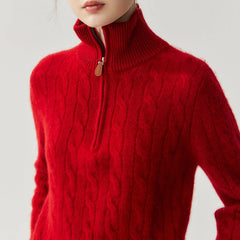 Cashmere Half-Zip Turtleneck Sweater Ribbed Knit Pullover with High Collar