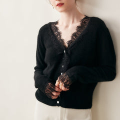 Cashmere Lace Trim V-Neck Button Front Cardigan Soft Knit Sweater Top