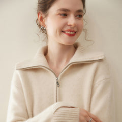 Women’s Cashmere Half-Zip Pullover Relaxed Fit Knit Sweater with Ribbed Cuffs