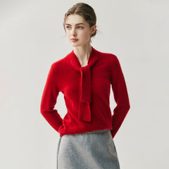 Elegant Soft Knit Women’s Cashmere Tie Neck Pullover Sweater