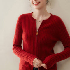Women’s Cashmere Slim Fit Round Neck Knit Top Ribbed Zip Cardigan Sweater
