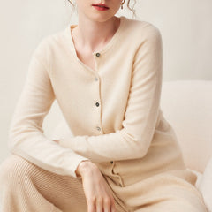 Cashmere Crew Neck Button Front Cardigan Fine Knit Ribbed Hem Sweater