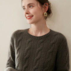 Cashmere Cable Knit Crew Neck Relaxed Fit Pullover Sweater with Ribbed Cuffs