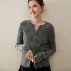 Women’s Cashmere Slim Fit Round Neck Knit Top Ribbed Zip Cardigan Sweater