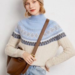 Women’s Soft Cashmere Cable Knit Fair Isle Pattern Turtleneck Sweater