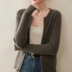 Women’s Cashmere Slim Fit Round Neck Knit Top Ribbed Zip Cardigan Sweater