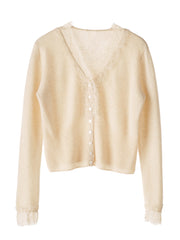 Cashmere Lace Trim V-Neck Button Front Cardigan Soft Knit Sweater Top