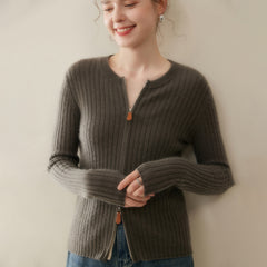Women’s Cashmere Slim Fit Round Neck Knit Top Ribbed Zip Cardigan Sweater