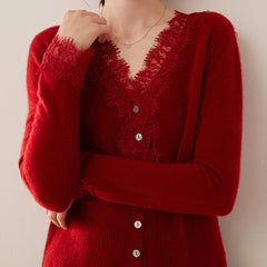 Cashmere Lace Trim V-Neck Button Front Cardigan Soft Knit Sweater Top