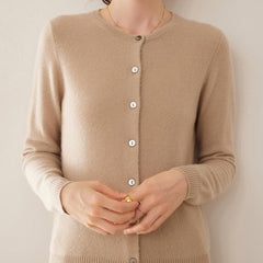 Cashmere Crew Neck Button Front Cardigan Fine Knit Ribbed Hem Sweater