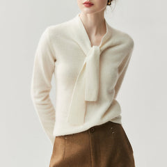 Elegant Soft Knit Women’s Cashmere Tie Neck Pullover Sweater