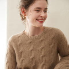 Cashmere Cable Knit Crew Neck Relaxed Fit Pullover Sweater with Ribbed Cuffs