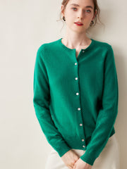 Cashmere Crew Neck Button Front Cardigan Fine Knit Ribbed Hem Sweater