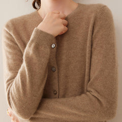 Cashmere Crew Neck Button Front Cardigan Fine Knit Ribbed Hem Sweater