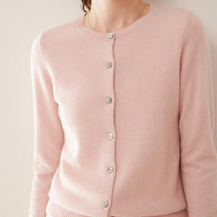 Cashmere Crew Neck Button Front Cardigan Fine Knit Ribbed Hem Sweater