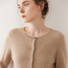 Cashmere Crew Neck Button Front Cardigan Fine Knit Ribbed Hem Sweater