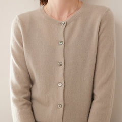 Cashmere Crew Neck Button Front Cardigan Fine Knit Ribbed Hem Sweater