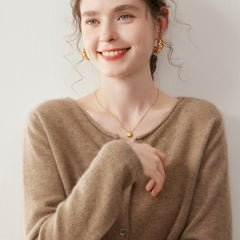 Women’s Cashmere Soft Round Neck Knit Sweater Button-front Loose Cardigan