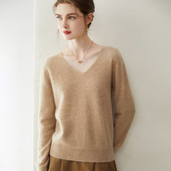 Women’s Pure Cashmere Soft Minimalist V-Neck Knit Pullover Sweater
