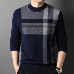 Men’s 100% Cashmere Plaid Crewneck Stripe Soft Sweater