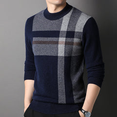 Men’s 100% Cashmere Plaid Crewneck Stripe Soft Sweater