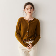 Cashmere Crew Neck Button Front Cardigan Fine Knit Ribbed Hem Sweater