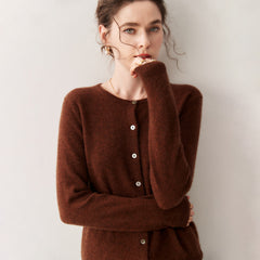 Cashmere Crew Neck Button Front Cardigan Fine Knit Ribbed Hem Sweater