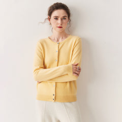 Cashmere Crew Neck Button Front Cardigan Fine Knit Ribbed Hem Sweater