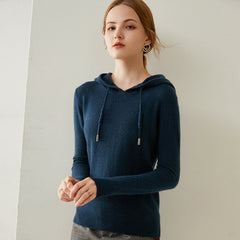 Women’s Cashmere Knit Fit Pullover Sweater Knit Hoodie with Drawstring