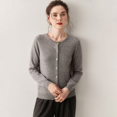 Cashmere Crew Neck Button Front Cardigan Fine Knit Ribbed Hem Sweater