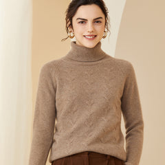 Soft Knit with Subtle Textured Pattern Turtleneck Cashmere Sweater
