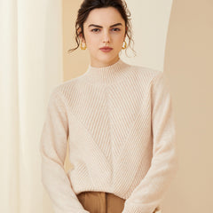 Mock Neck Geometric Knit Design Warm Cashmere Ribbed Sweater