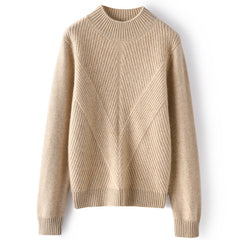 Mock Neck Geometric Knit Design Warm Cashmere Ribbed Sweater