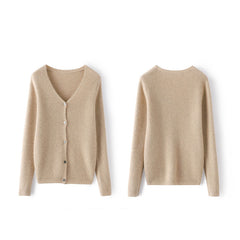 Ribbed V-Neck Soft Knit Button-Up Cashmere Cardigan