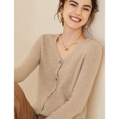 Ribbed V-Neck Soft Knit Button-Up Cashmere Cardigan