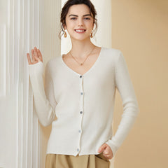 Ribbed V-Neck Soft Knit Button-Up Cashmere Cardigan
