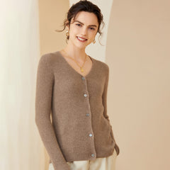 Ribbed V-Neck Soft Knit Button-Up Cashmere Cardigan