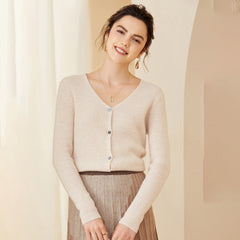 Ribbed V-Neck Soft Knit Button-Up Cashmere Cardigan