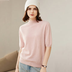 Women's 100% Cashmere Short Sleeve Mock Neck Sweater