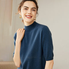 Women's 100% Cashmere Short Sleeve Mock Neck Sweater