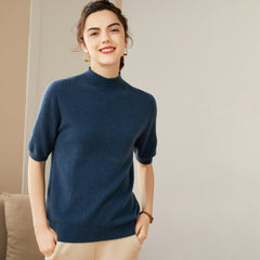 Women's 100% Cashmere Short Sleeve Mock Neck Sweater