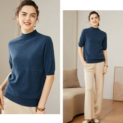 Women's 100% Cashmere Short Sleeve Mock Neck Sweater