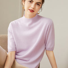 Women's 100% Cashmere Short Sleeve Mock Neck Sweater