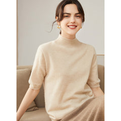 Women's 100% Cashmere Short Sleeve Mock Neck Sweater