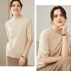Women's 100% Cashmere Short Sleeve Mock Neck Sweater