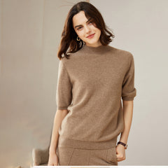 Women's 100% Cashmere Short Sleeve Mock Neck Sweater