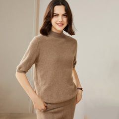 Women's 100% Cashmere Short Sleeve Mock Neck Sweater
