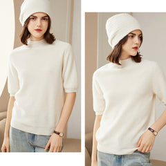 Women's 100% Cashmere Short Sleeve Mock Neck Sweater