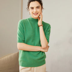 Women's 100% Cashmere Short Sleeve Mock Neck Sweater