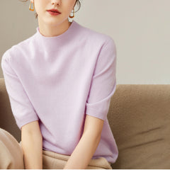 Women's 100% Cashmere Short Sleeve Mock Neck Sweater
